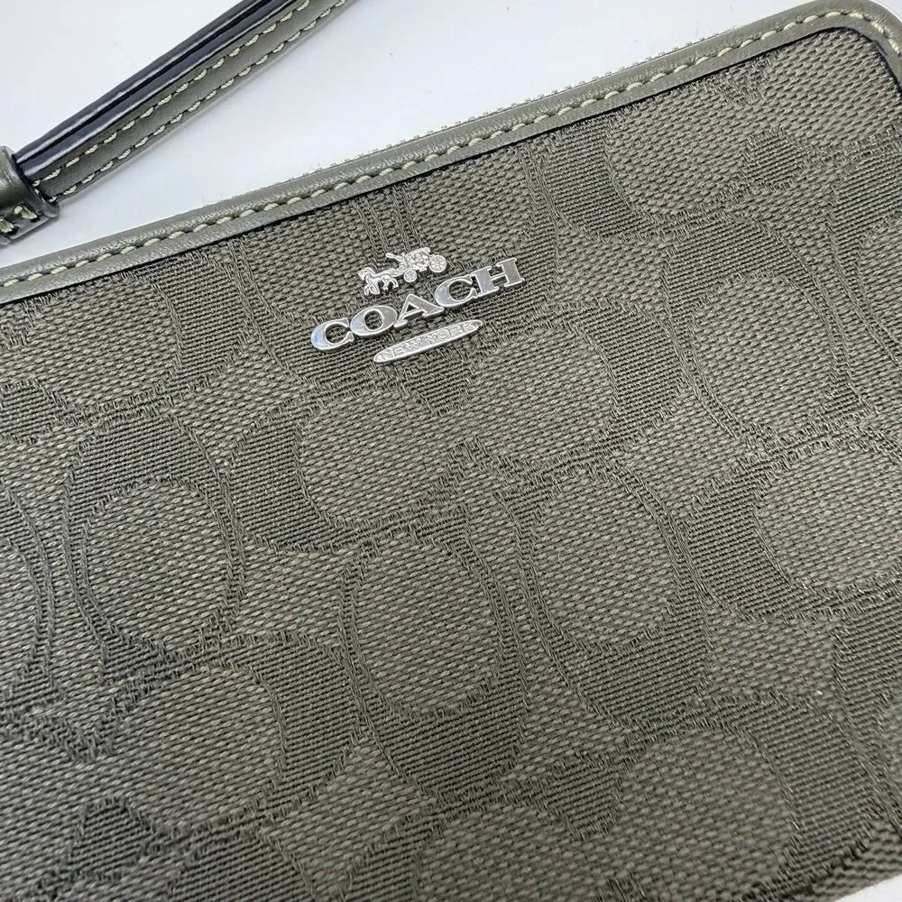 Coach Corner Zip Wristlet Charcoal Signature Jacquard Canvas Leather Strap Pouch